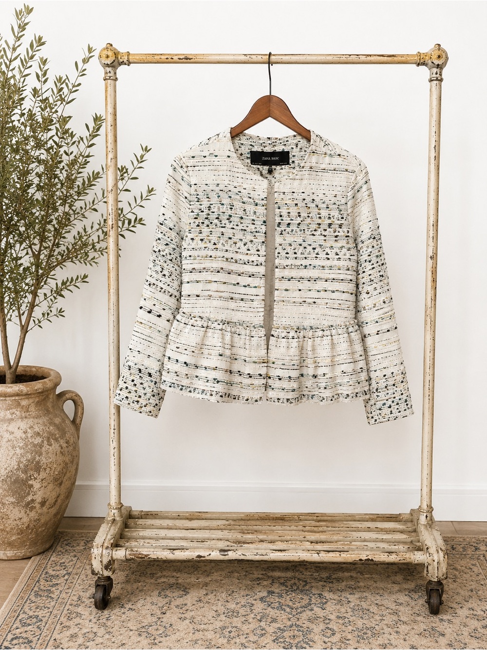 Cream Tweed Peplum Jacket with Multicolor Speckle